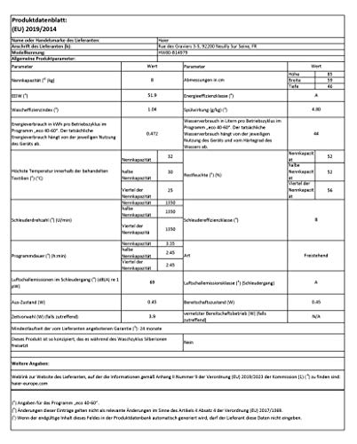 Haier HW80-B14979 Waschmaschine, Weiß, 8 kg - 10